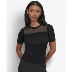 DKNY Petite Mesh-Trim Ribbed Knit Top Black Size PXS MSRP $79